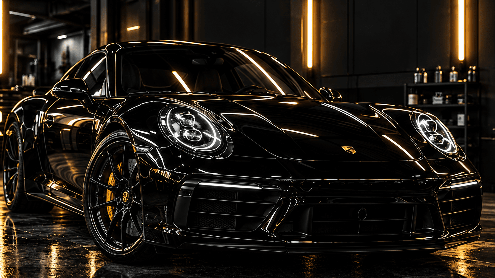 Automóvel preto com reflexos de iluminação dourada num estúdio de detailing